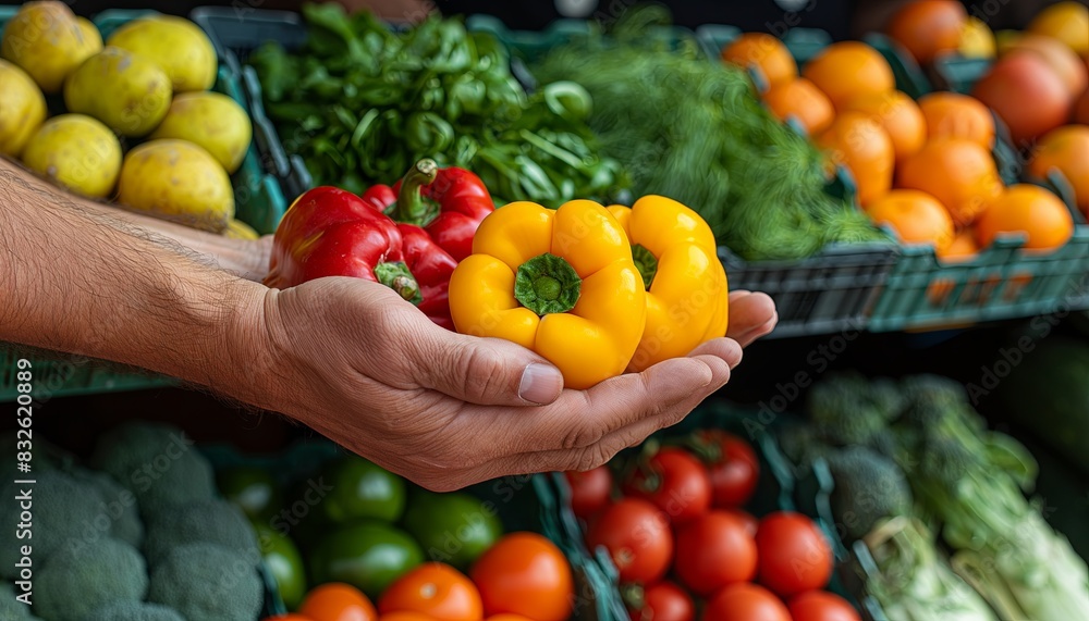 Man holding a handful of bell peppers Man holding a handful of bell peppers