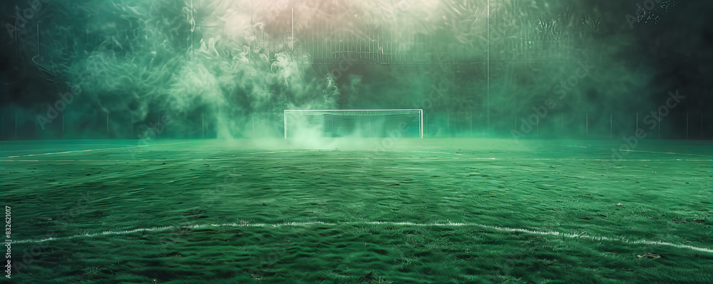 Fototapeta premium A soccer goal shrouded in fog in front of trees.