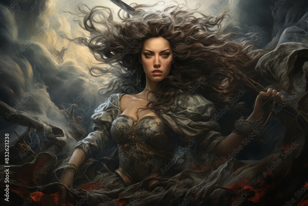 A fierce and fearless warrior woman, wielding a double-bladed axe and commanding the forces of storm and wind. - Generative AI