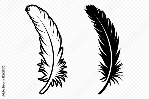 Vector Black and White Fluffy Feather Logo Icons. Silhouette Feather Set Closeup Isolated. Design Template of Flamingo, Angel, Bird Feather. Lightness and Freedom Concept