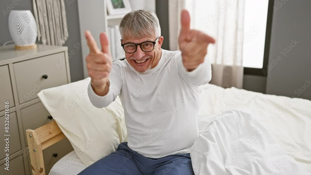 Cool grey-haired middle age man pointing finger at you, flashing a joyful smile in pyjamas at bedroom. happy vibes with our cheerful senior! Cool grey-haired middle age man pointing finger at you, flashing a joyful smile in pyjamas at bedroom. happy vibes with our cheerful senior!