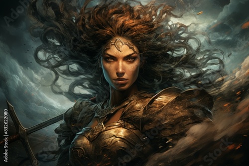 A fierce and fearless warrior woman, wielding a double-bladed axe and commanding the forces of storm and wind. - Generative AI photo