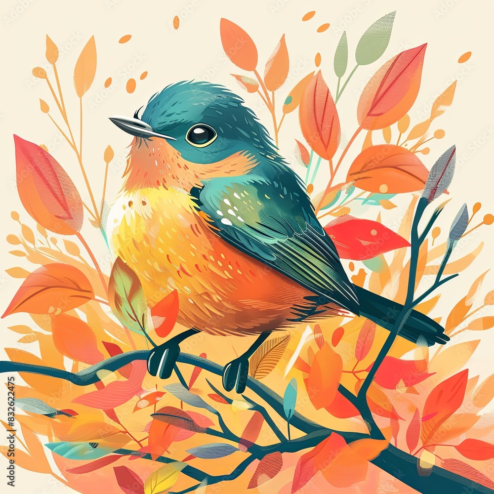 Fototapeta premium A songbird sits on a branch surrounded by many leaves. Image in watercolor style. Illustration for cover, card, postcard, interior design, banner, poster, brochure or presentation.