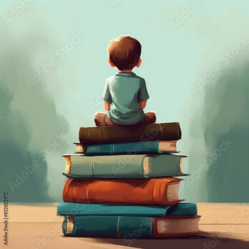 Boy Sitting on Stack of Books in Solitude photo