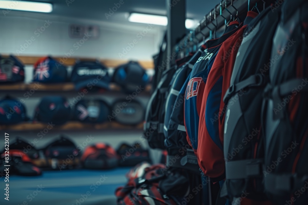 Obraz premium Behind the Scenes of an Olympic Wrestler's Preparation Area with Gear and Equipment