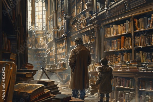 In the library, father and child lost themselves in books, finding adventure in every page turned. photo