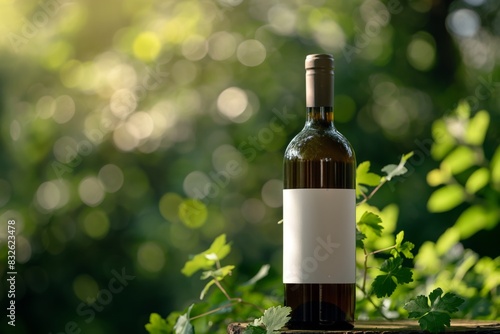 Elegant wine bottle in lush green setting