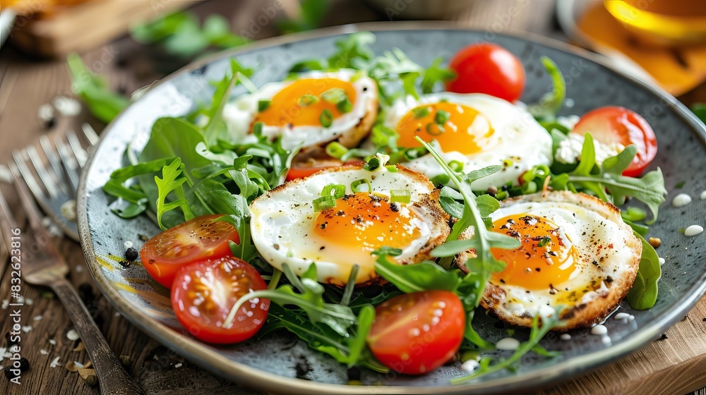 Delicious Sunny Side Up Eggs with Fresh Arugula and Cherry Tomatoes
