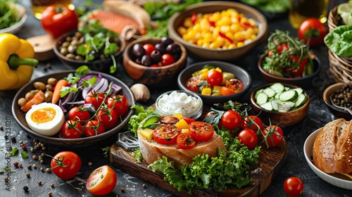 Colorful Mediterranean Feast with Fresh Vegetables, Bread, and Dips