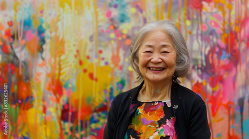 portrait of happy smiling senior Asian woman artist standing in front of her painting