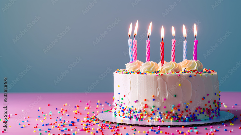 A cake adorned with 7 (seven) lit candles and sprinkles on top. The cake is on a pink table on blue background with empty copy space for text. A cake adorned with 7 (seven) lit candles and sprinkles on top. The cake is on a pink table on blue background with empty copy space for text.