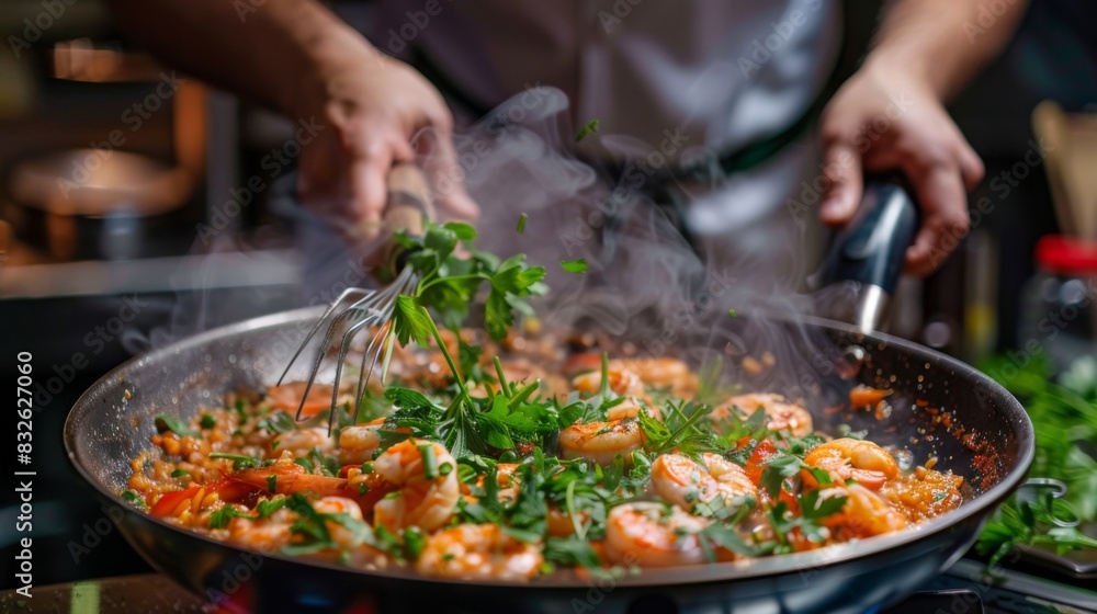 A chef preparing a gourmet seafood dish in a large pan, garnishing with fresh herbs A chef preparing a gourmet seafood dish in a large pan, garnishing with fresh herbs