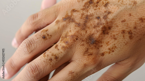 A hand with brown spots on it photo