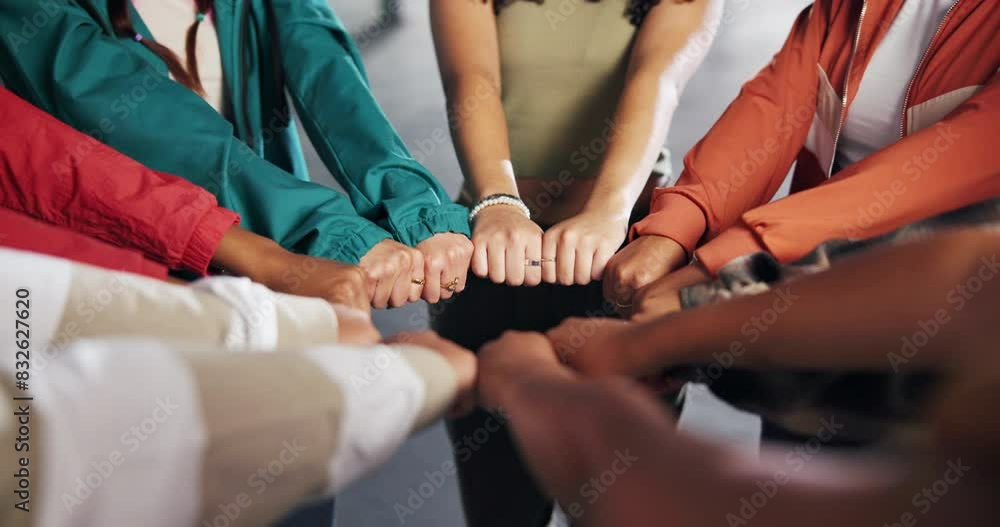Hands, huddle and solidarity with group of people closeup for strength, support or unity from above. Circle, fist and trust with friends together for community, mission or team building closeup Hands, huddle and solidarity with group of people closeup for strength, support or unity from above. Circle, fist and trust with friends together for community, mission or team building closeup