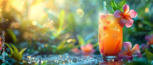 Refreshing tropical drink, garnished with flowers and mint, lush background, vibrant and delicious, Photorealistic 8K , high-resolution, ultra HD,up32K HD photo