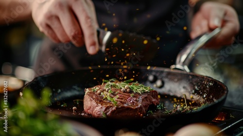 A chef seasoning a skillet steak with herbs and spices, ready to be seared to perfection photo
