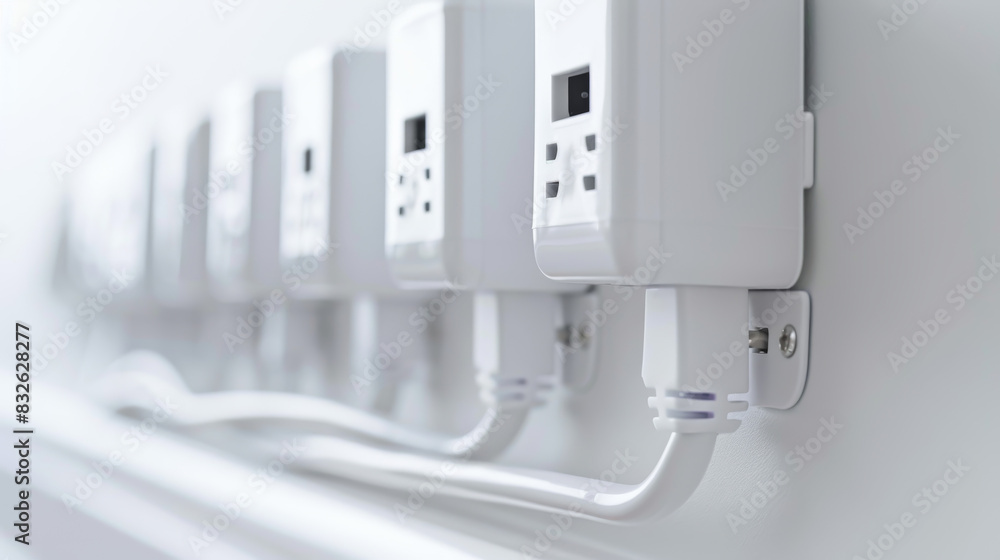 A row of white electrical outlets are mounted on a wall A row of white electrical outlets are mounted on a wall