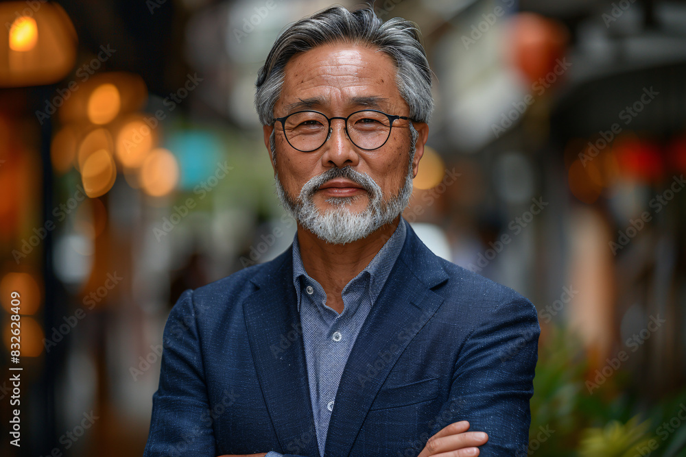 Fototapeta premium Distinguished Elderly Asian Man in a Suit Standing Confidently on a City Street