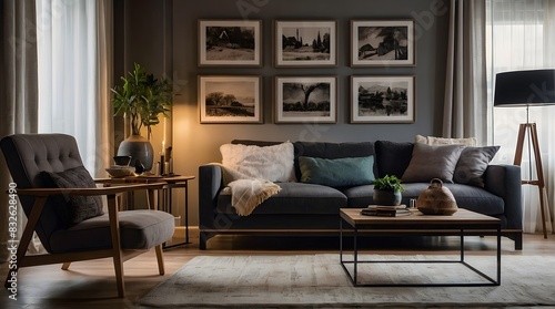 Wallpaper Mural modern and minimal living room interior design, contemporary interior design, 3D render, cinematic lighting, A cozy living room with soft sofas, warm lighting and decorative elements such as cushions  Torontodigital.ca