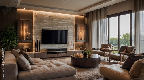 Wallpaper Mural modern and minimal living room interior design, contemporary interior design, 3D render, cinematic lighting, A cozy living room with soft sofas, warm lighting and decorative elements such as cushions  Torontodigital.ca