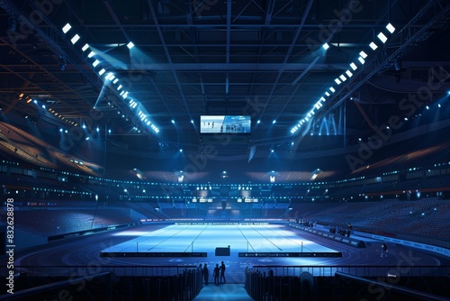 Olympic Fencing Arena Interior with Well-Lit Piste, Digital Scoreboards, and Anticipatory Audience photo