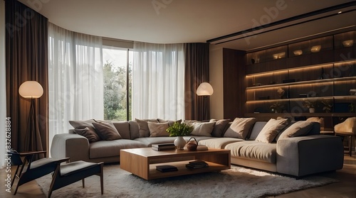 modern and minimal living room interior design  contemporary interior design  3D render  cinematic lighting  A cozy living room with soft sofas  warm lighting and decorative elements such as cushions 