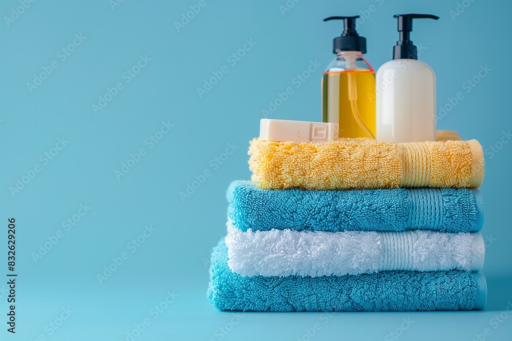 Towel, soap and shower gel on blue background, bath set Towel, soap and shower gel on blue background, bath set
