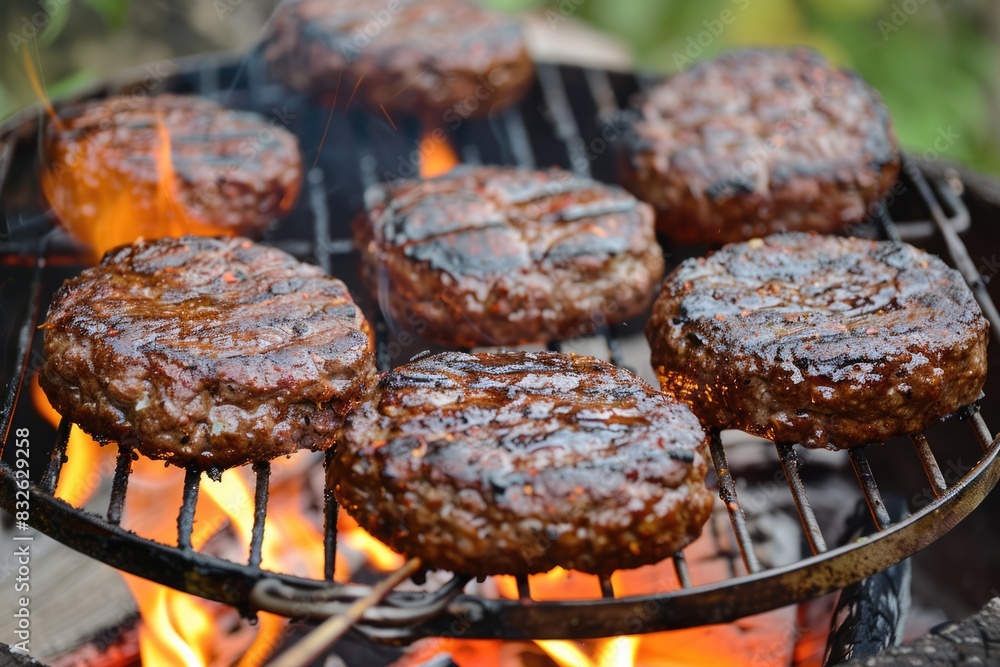Juicy seasoned beef steak burgers on hot barbecue grill over flames Juicy seasoned beef steak burgers on hot barbecue grill over flames