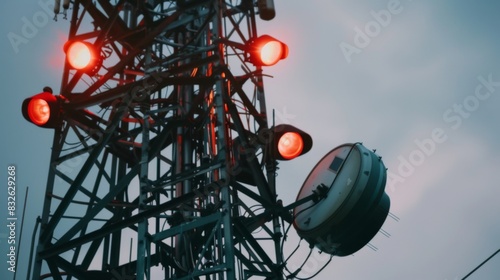 A close-up of antennas and equipment on a telephone signal tower, transmitting signals to mobile devices