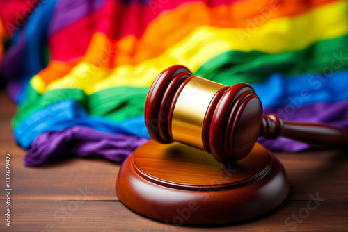 Wooden Gavel on Rainbow Flag in Courtroom During Daytime Legal Proceedings.