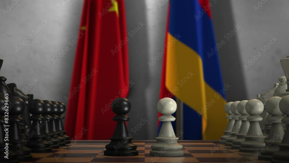 Armenia And China National Flags. Politics And Conflict Concept Animation. Chess Board Game Play Armenia And China National Flags. Politics And Conflict Concept Animation. Chess Board Game Play