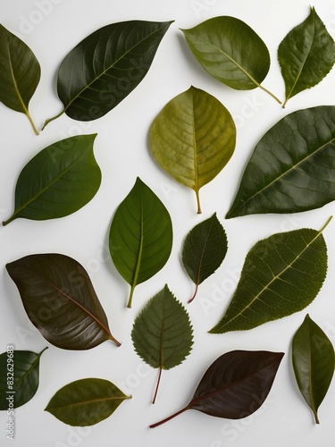 Nombreuses feuilles différentes disposées sur un fond blanc
