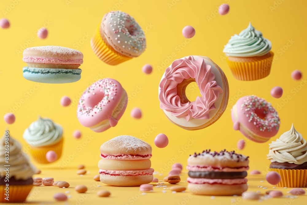 Flying pastry cakes sweets on yellow background Flying pastry cakes sweets on yellow background
