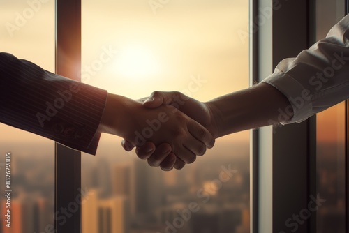 Professional Business Handshake in Office with Cityscape Background at Sunset