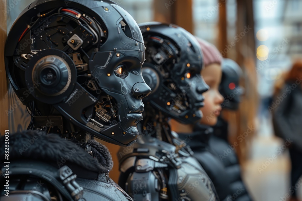 Fototapeta premium family of people and cyborg robots