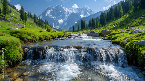 breathtaking image of Naran Valley emerald green meadow cascading waterfall snowcapped peak of Himalayas Khyber Pakhtunkhwa valley's pristine beauty serene atmosphere make paradise nature lover advent photo