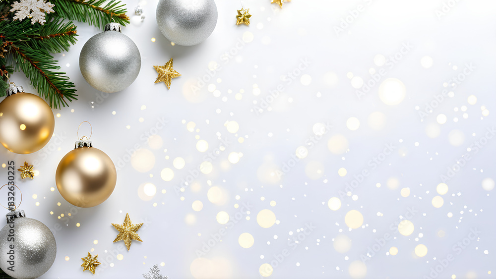 festive scene showcases silver and gold Christmas ornaments arranged on a pristine white background, accented with pine branches and golden stars festive scene showcases silver and gold Christmas ornaments arranged on a pristine white background, accented with pine branches and golden stars