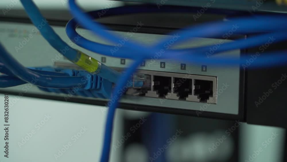 blue LAN cables with switch and lights on blue LAN cables with switch and lights on