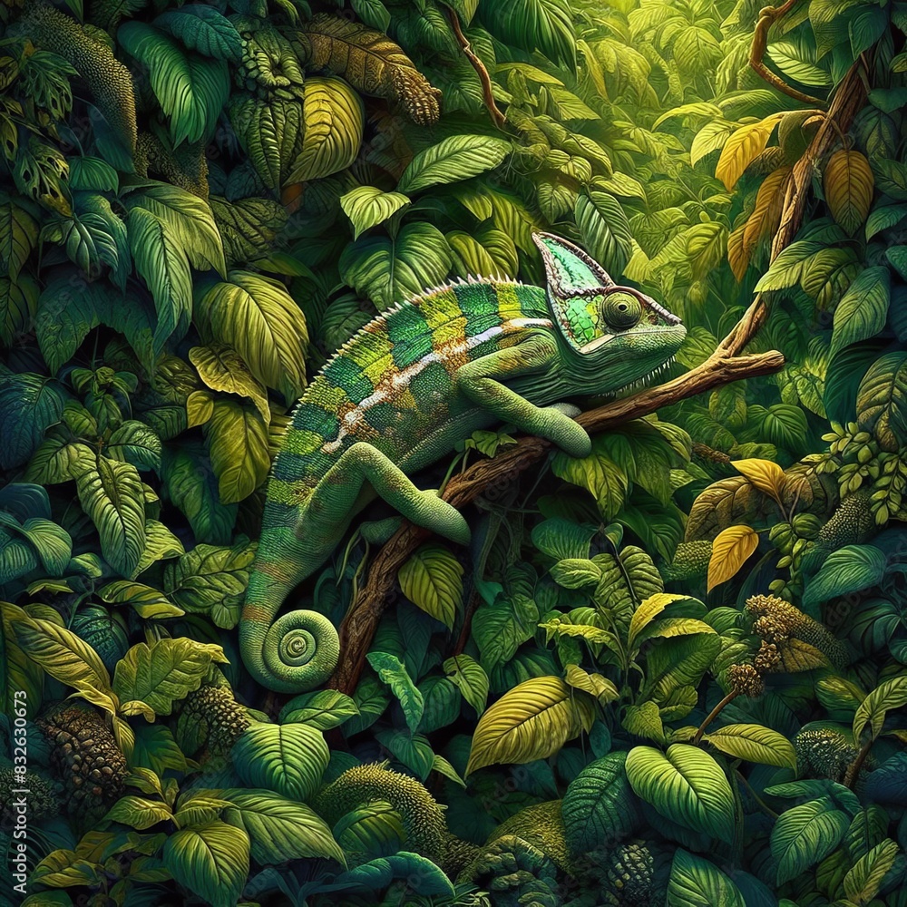 Fototapeta premium Master of Disguise: Vibrant Chameleon Camouflaging Among Lush Green Foliage in Dense Forest Habitat