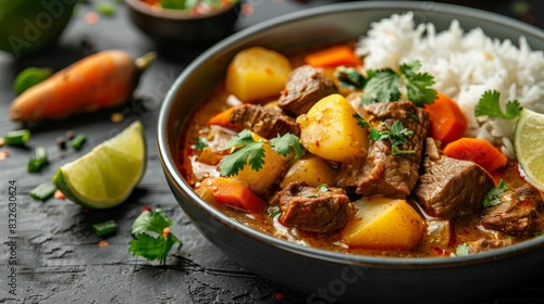 A bowl of beef stew with carrots and rice