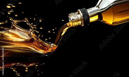 A detailed view of yellow transparent liquid pouring out of the neck of glass bottle at black background.