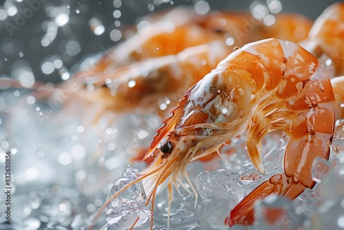 Boiled shrimp in ice in the freezer