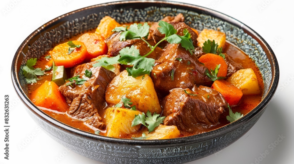 A bowl of stew with meat and vegetables A bowl of stew with meat and vegetables