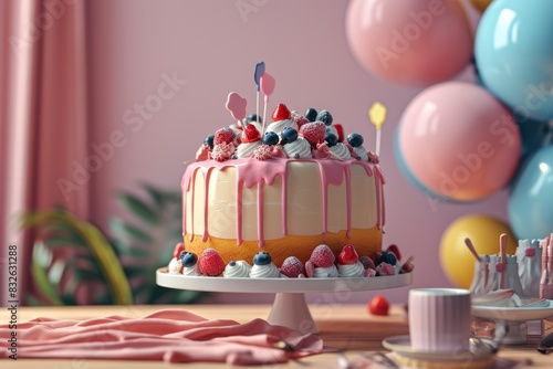 Delicious birthday cake with balloons  birthday cake with candles and balloons  AI-generated