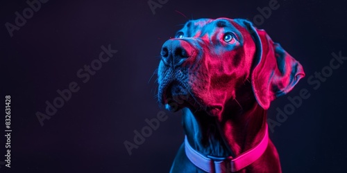 Great Dane dog in neon light. Copy space for text