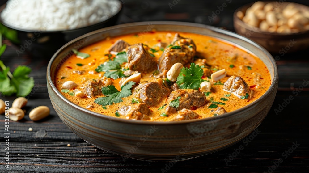 A bowl of red curry with peanuts and parsley on a wooden table A bowl of red curry with peanuts and parsley on a wooden table
