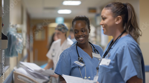 Enfermeiras colaborando e se comunicando enquanto se deslocam pelo hospital com papelada. Conceito Trabalho em equipe de enfermagem, Eficiência hospitalar, Gestão de papelada, Comunicação colaborativa photo