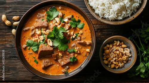 A bowl of red curry with peanuts and parsley on a wooden table