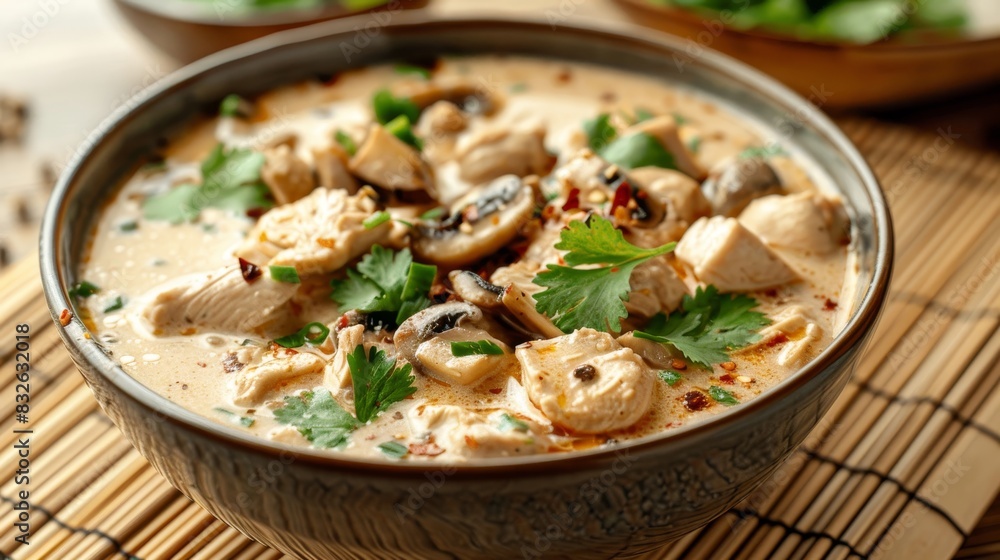 A bowl of soup with a spoon on a wooden table A bowl of soup with a spoon on a wooden table