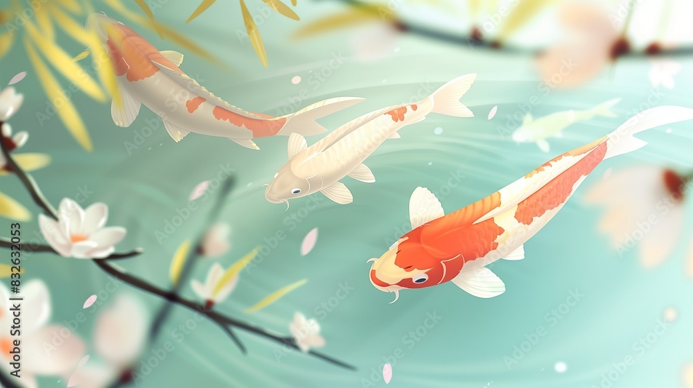 Fototapeta premium Abstract Japanese design with pastel colors, highlighting elegant koi fish swimming in a tranquil pond.